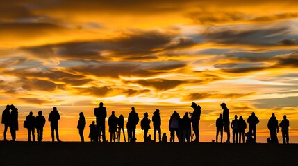 Dramatic silhouettes of people against a vibrant sunset