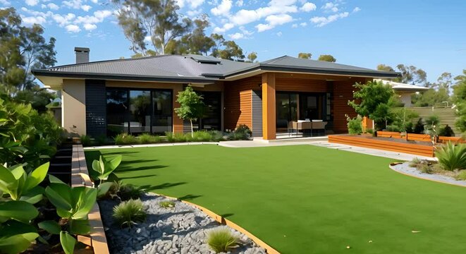 Australian home with artificial grass lawn and timber edging in front yard . Concept Australian Home, Artificial Grass Lawn, Timber Edging, Front Yard, Landscaping