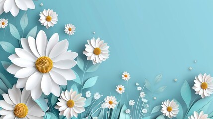 Papercut Artistic White Daisies with Yellow Centers on a Calming Teal Background