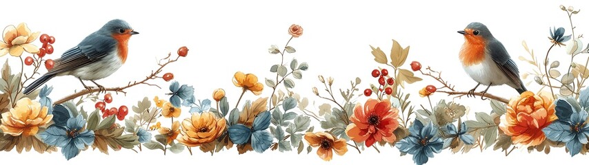 panorama of birds on colorful flower branches on white background, for banner background