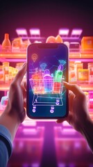 Digital composite of Hand holding phone with shopping cart and shopping app icons