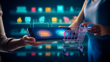 Woman using smart phone with shopping cart on dark background 3D rendering