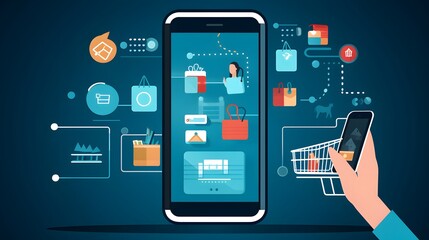 Online shopping concept. Hand holding mobile phone and shopping cart on blue background. Vector illustration