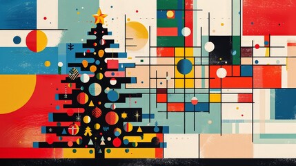 christmas tree with ornaments, bauhaus background, wallpaper