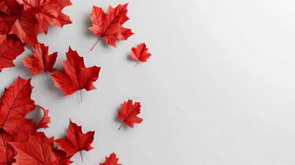 A minimalistic background with red maple leaves scattered on the left side and copy space, creating an elegant and festive atmosphere for Canada Day celebration