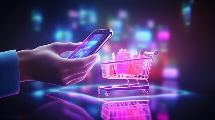 Smartphone in hand and shopping cart on dark background 3D rendering