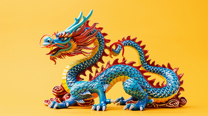 Blue and Red Dragon Statue on Yellow Background