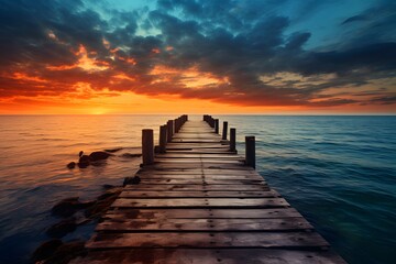 a wooden dock leading to a house on a lake with a pink and blue sky in the background at sunset.
 - Powered by Adobe