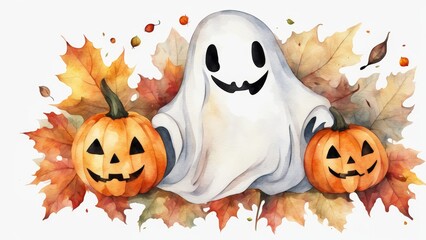 A friendly watercolor ghost with pumpkins and autumn leaves on a white background.