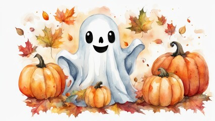 A friendly watercolor ghost with pumpkins and autumn leaves on a white background.