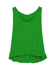 Dark green women summer blank sleeveless t-shirt with flounce isolated on white
