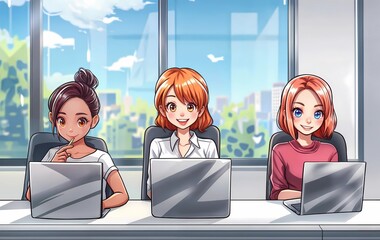 Three girls sitting at a table with laptops in front of them as they work together. In the background is a large window with a cityscape behind it.