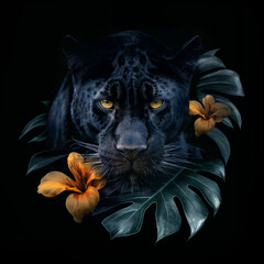 A black panther with yellow eyes on a black background. It is surrounded by tropical flowers and leaves, including monstera and hibiscus. T-shirt print design