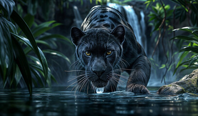 A black panther gracefully strides across in shallow water in front of a waterfall, its powerful presence reflected in the rippling surface