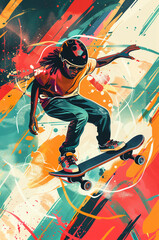 A man is performing a trick on a skateboard. He is wearing a helmet and has his arms out for balance. The background is colorful and splattered with paint