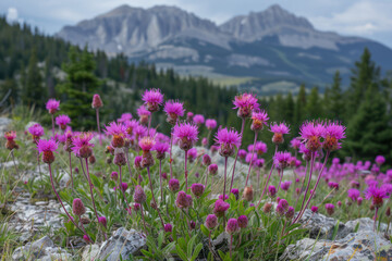 Obraz premium A field of vibrant purple flowers in bloom with towering mountains in the background under a clear sky
