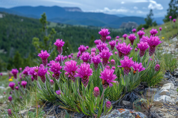 Fototapeta premium A closeup shot of vibrant purple paintbrush flowers covering a rocky hillside