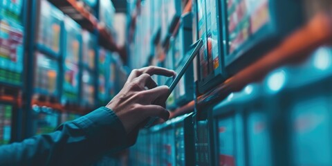 Close up of smart project manager hands looking tablet while checking product at warehouse. Start up business man working on tablet while walking at storage with blurring background. Business. AIG42.