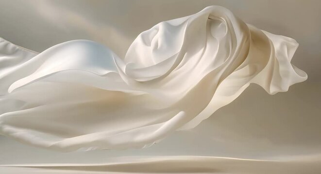 Elegant white fabric floating gracefully in the air casting soft shadows. Concept Beauty of Light and Shadows, Minimalistic Elegance, White Fabric Photography