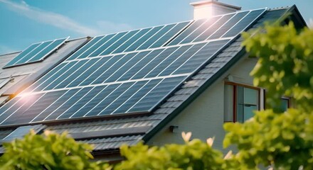 Closeup of solar panels on a residential rooftop. Concept Solar Panel Installation, Renewable Energy, Eco-Friendly Technology, Residential Solar, Clean Energy Solutions