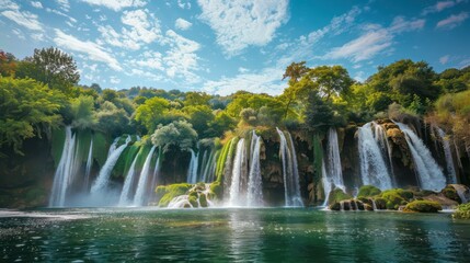 Fototapeta premium Beautiful waterfall on the plain. Mountain valley waterfall. view of waterfall in green valley
