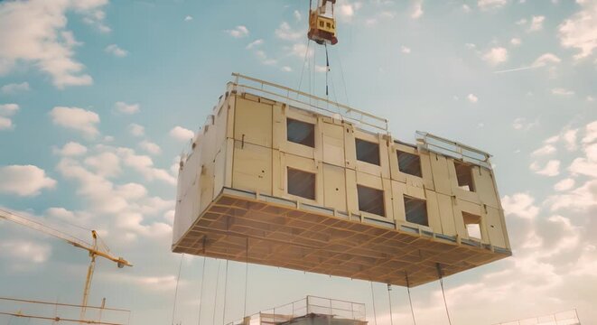 Wooden modular building pieces lifted by crane into Berlin office building under construction. Concept Construction, Modular Buildings, Berlin, Cranes, Office Buildings