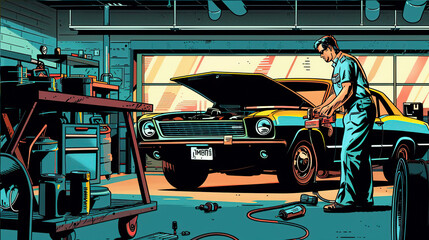 a man in work clothes repairs a car in an auto repair shop