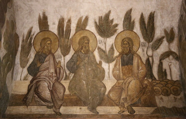 Vladimir Russia -The fresco, the  wall painting of Abraham, Isaac, Jacob  by Andrey Rublev in the Assumption Cathedral