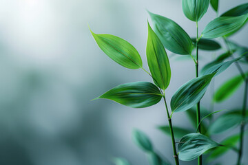 Obraz premium Detailed view of a single bamboo shoot with vibrant green leaves against a white background