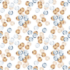 Sewing sequins. Seamless glitter pattern. Ornament from sewing accessories for embroidery on clothes. Watercolor illustration for background design, packaging, textiles