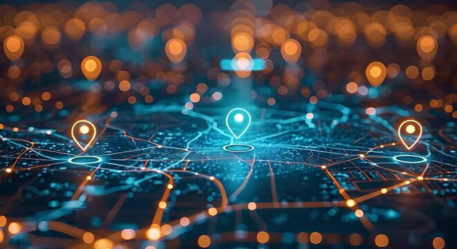 Digital map with location pins symbolizing global network connectivity and geolocation. Concept Digital Mapping, Global Connectivity, Location Pins, Geolocation, Network Connectivity