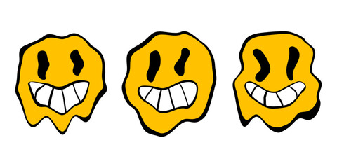 Set of positive distorted yellow smiley faces. Vector cartoon illustration isolated on white.