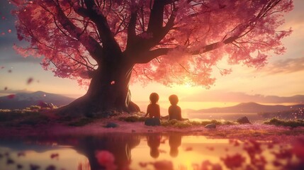 Kids watching sunset in front of sakura tree - Powered by Adobe