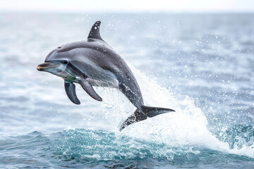 Obraz premium A dolphin jumping out of the water with splashes around it