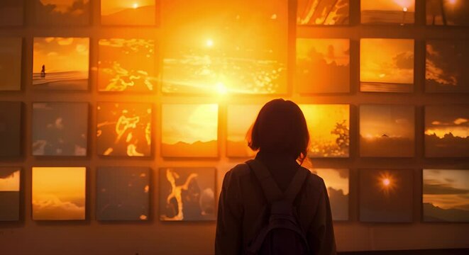 Reflecting on Memories: Viewing Glowing Wall Photos in Dimly Lit Room. Concept Nostalgic Pictures, Mood Lighting, Reflecting on Memories