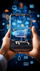 View of a Businessman holding a smartphone with shopping cart icon - Online shopping concept