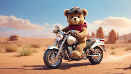 A stuffed teddy bear is riding a motorcycle through the desert.