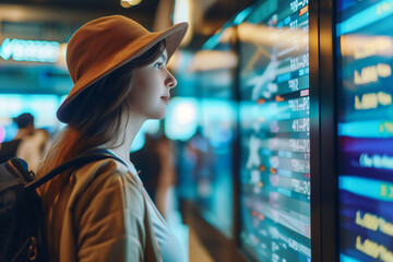 woman traveller checking flight schedule departures board in airport terminal hall