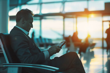Businessman sitting uses  tablet wait airport terminal flight