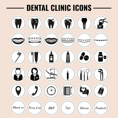 Dental clinic highlights covers. Dentist cabinet icons for social media .Toothbrush, toothpaste, caries, veneers, tooth whitening, implant, calculus, orthodontics. Flat monochrome dentistry icons set,
