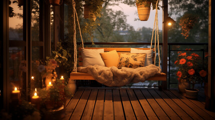 Petit balcon cocooning, avec petites guirlandes de lumière, fleurs, bougie, fauteuil en bois avec coussins blancs. Vue sur un coucher de soleil, début de soirée. Ambiance calme, zen, cosy.