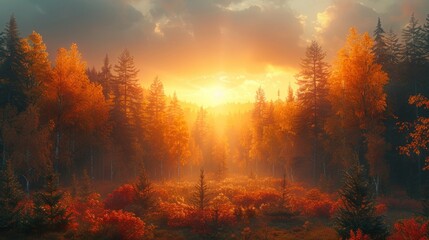 A beautiful autumn landscape with a forest and sun, illustrating an idyllic autumn scene.