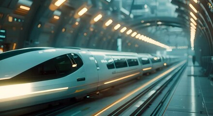 Advanced Infrastructure in a Futuristic City with Cutting-Edge Magnetic Levitation Transport System. Concept Futuristic Technology, Urban Development, Advanced Transportation, Magnetic Levitation