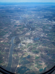 Aerial of River Danube and Refinery Bayernoil near Vohburg, Germany seen of an airplane window
