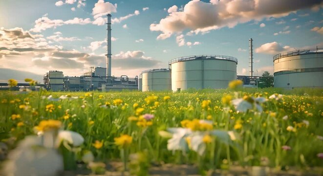 Eco-Friendly Biofuel Storage Tanks Adjacent to a Factory in a Lush Green Meadow. Concept Renewable Energy, Industrial Sustainability, Green Manufacturing, Eco-Conscious Practices