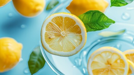 Fresh juicy yellow lemons and green leaves floating in the air on vibrant background