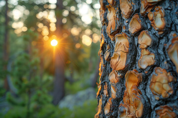 A detailed view of a tree trunk with the sun shining in the background