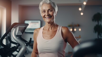 Obraz na płótnie Canvas beautiful Caucasian pensioner woman 60-69 years old, smiling, looking at the camera while in the gym. playing sports in retirement