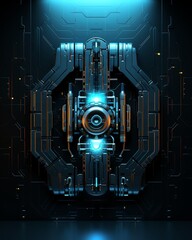 Futuristic digital lock interface with glowing neon lights, set in a dark, atmospheric science fiction setting