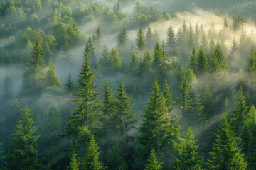 A fog-covered forest in the Carpathian Mountains with numerous trees creating a mysterious atmosphere